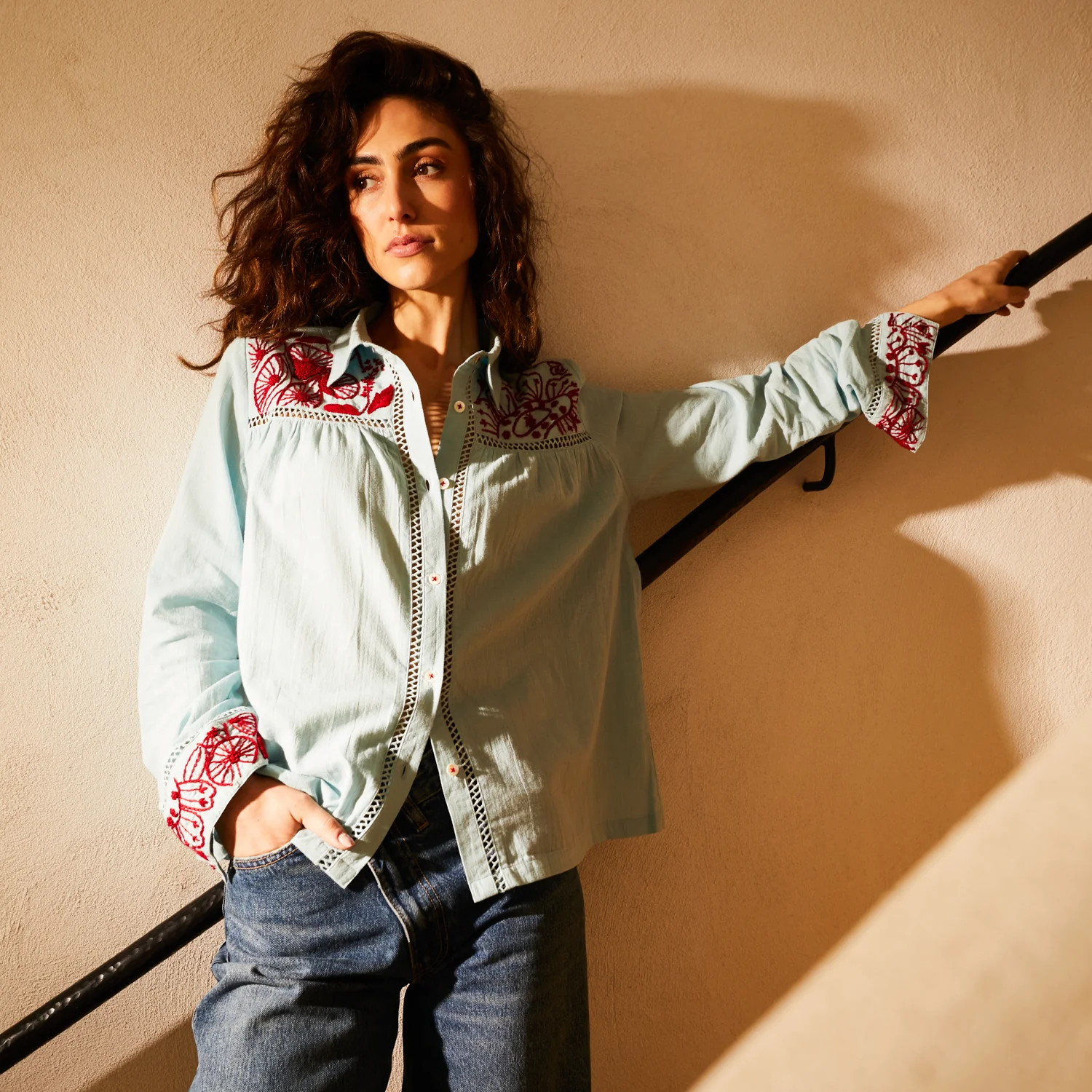 Vivianna Embroidered Shirt - Cerulean